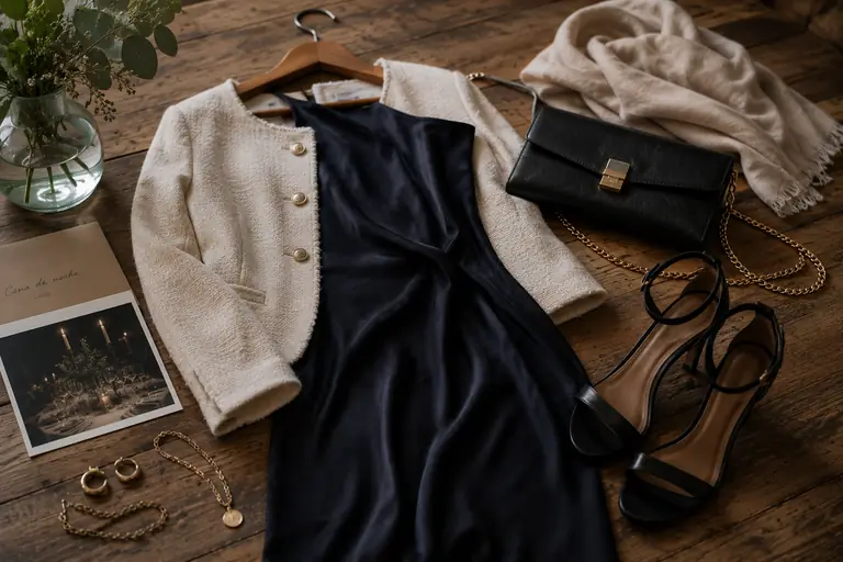 Un vestido oscuro, una chaqueta ligera y zapatos alineados para un evento