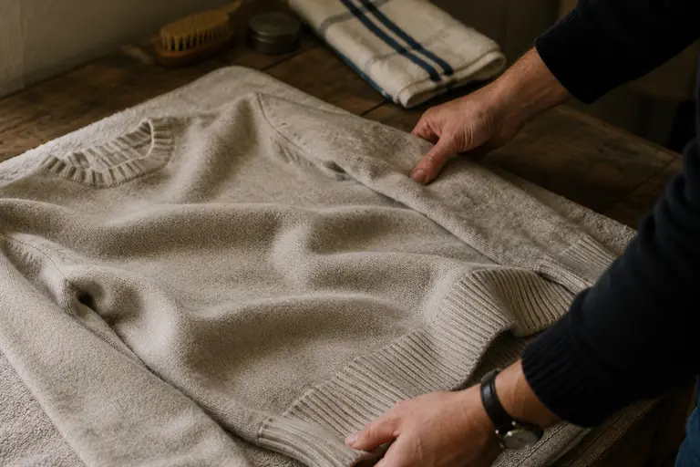 Un jersey de punto doblado junto a un peine quitapelusas