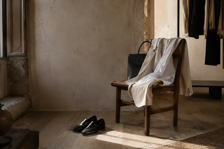 Una silla de madera con prendas neutras y zapatos negros en una habitación con luz natural