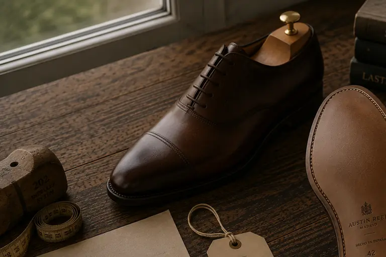 Un zapato negro de piel junto a una horma de madera