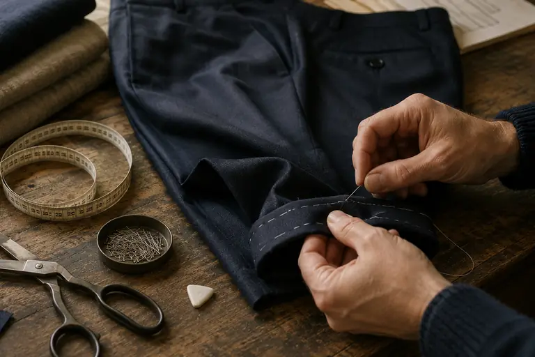 Una chaqueta sobre una mesa junto a una cinta métrica y una lupa