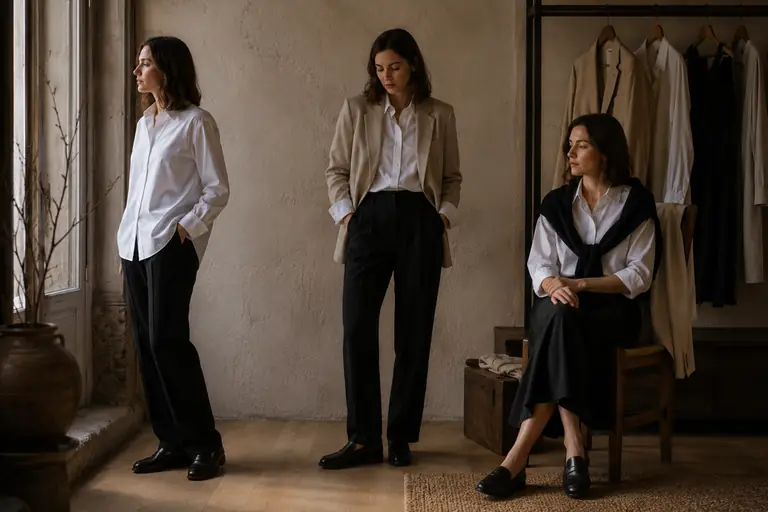 Tres combinaciones de ropa con una misma camisa blanca